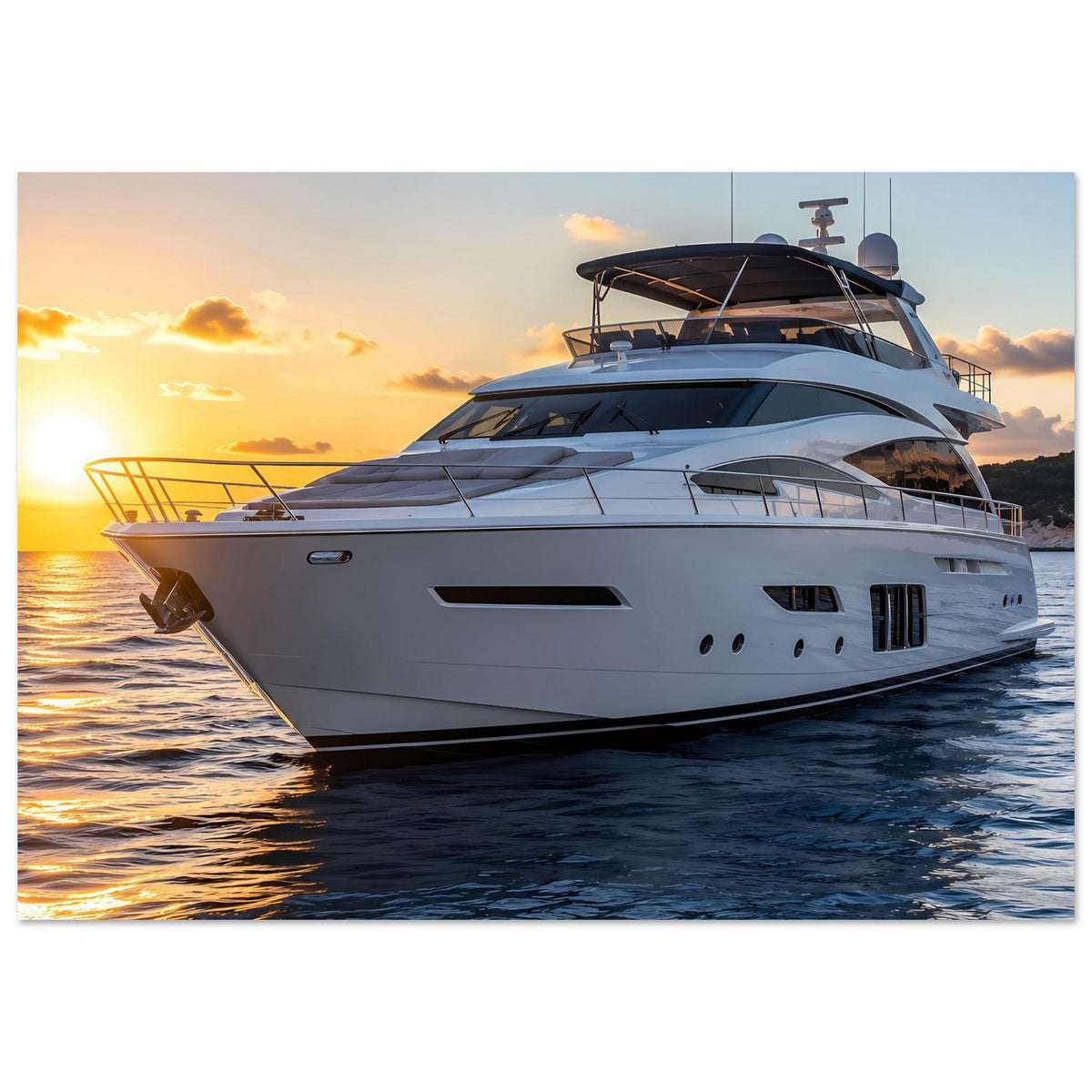 Poster mit weißer Yacht bei Sonnenuntergang, warmes Licht und blaue Wasserreflexe