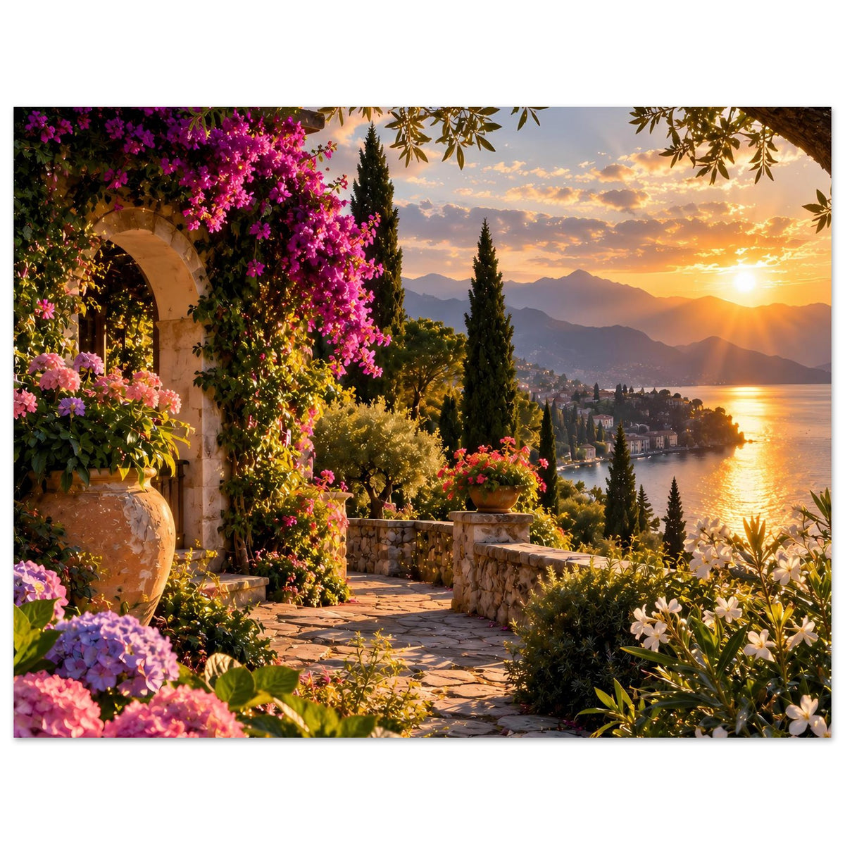 Vertikales Poster mit Gartenweg, Töpfen mit Blumen, Sonnenuntergang und ruhigem Wasser im Hintergrund