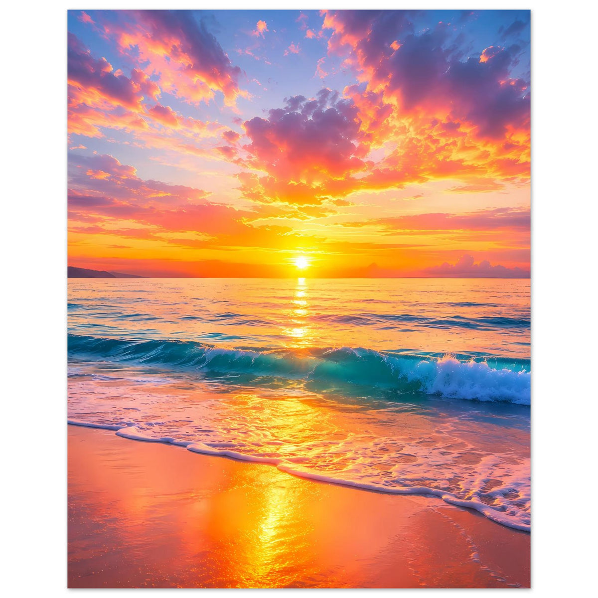 Strandposter mit Sonnenuntergang, Sonne in der Mitte, Wellen rollen an den Strand