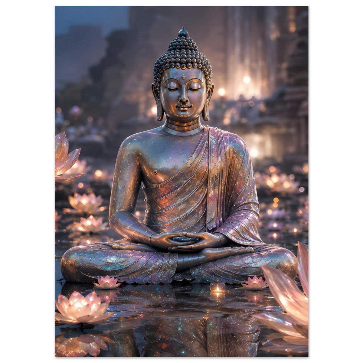 Buddha-Meditationsposter: Nahansicht von Buddha-Kopf und gefalteten Händen, Lotusblüten