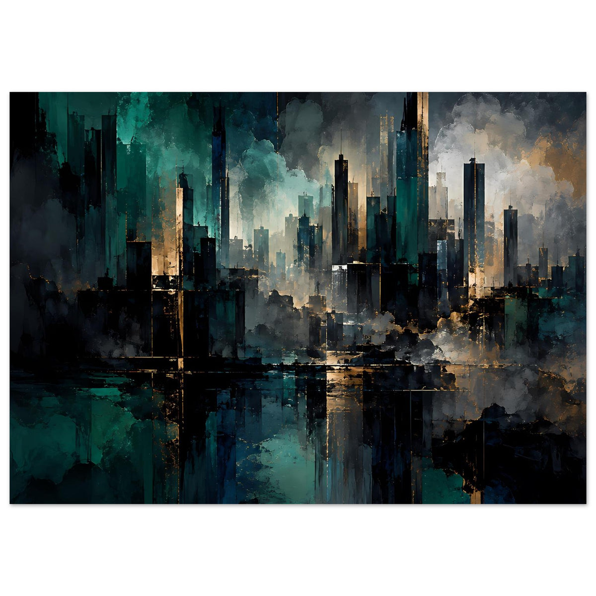 Abstraktes Stadtposter mit Skyline im Nebel, türkis-blau, goldene Akzente und dunkle Reflexe