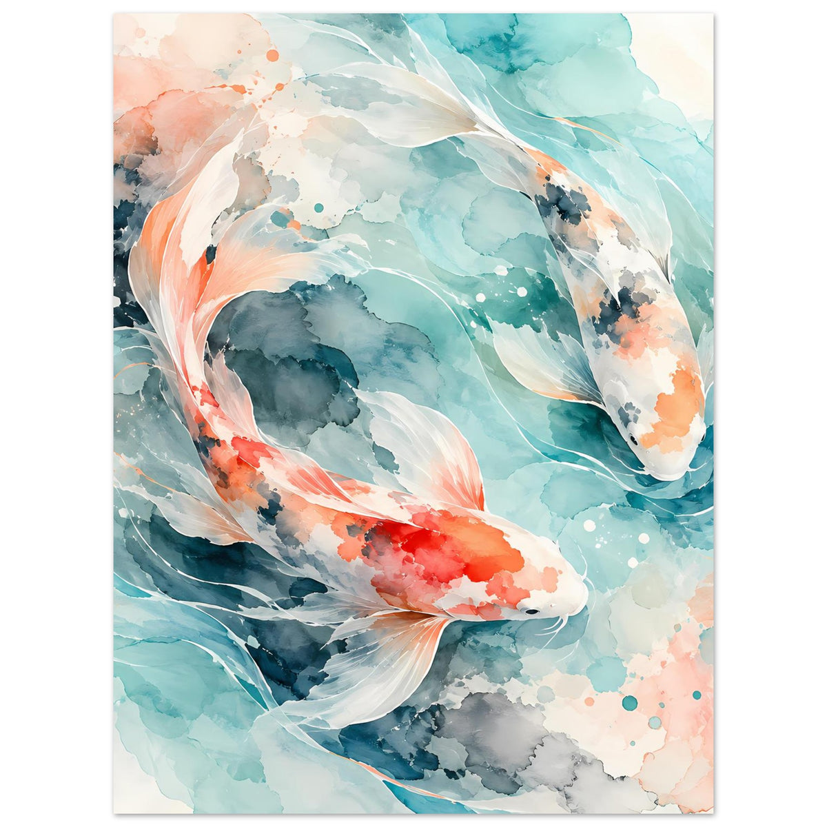 Aquarellposter mit Koi-Fisch in türkis und orange, von oben schräg ins Bild gezogen.