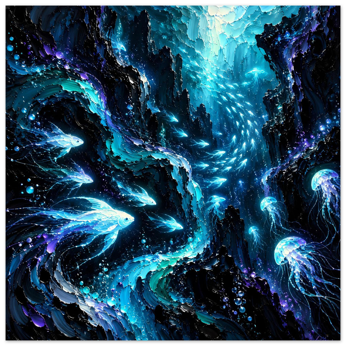Leuchtendes Unterwasser-Poster: leuchtende blaue Fische, Quallen und dichte Blasenwolken