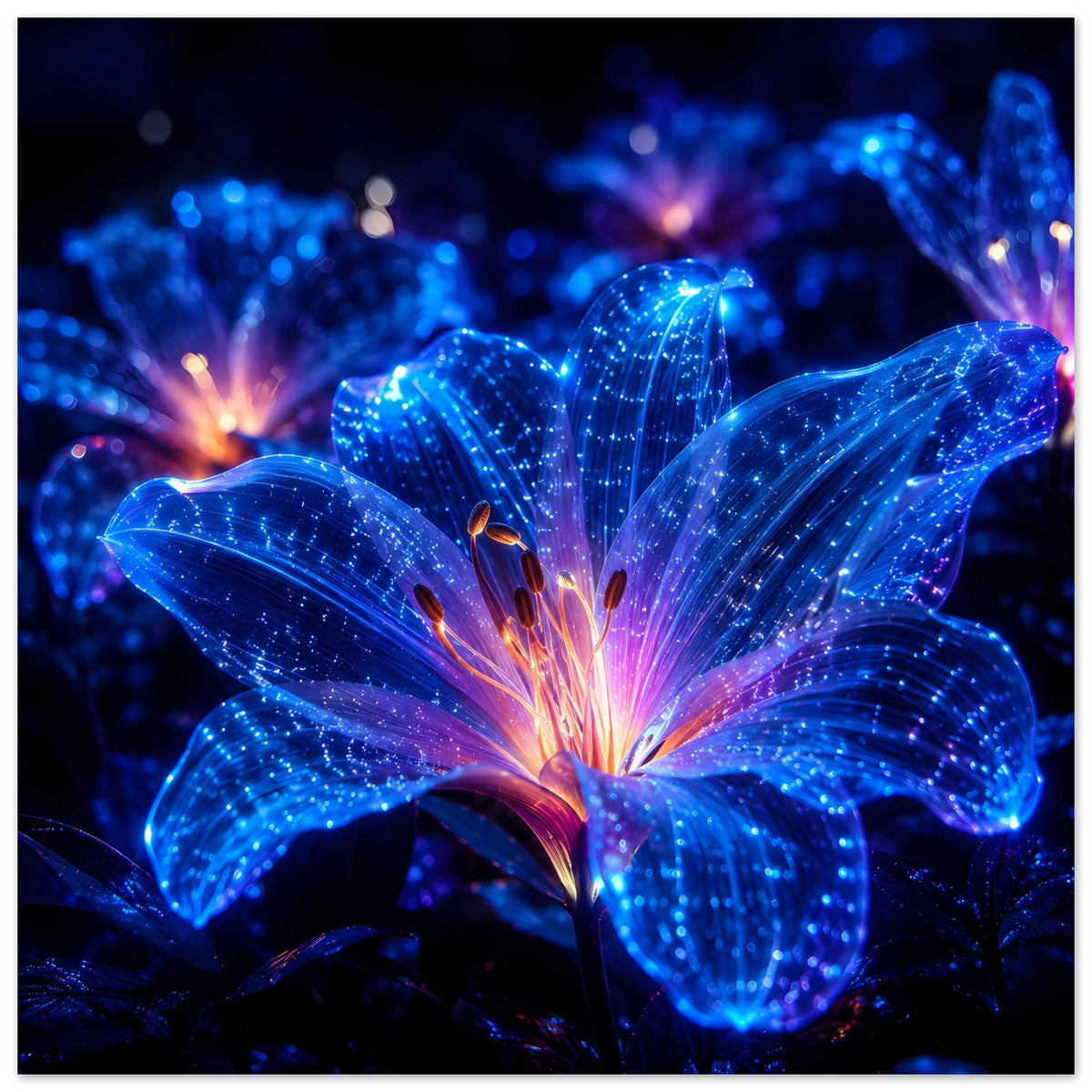 Blumenposter im Hochformat: leuchtende blaue Blütenmitte mit funkelnden Lichteffekten