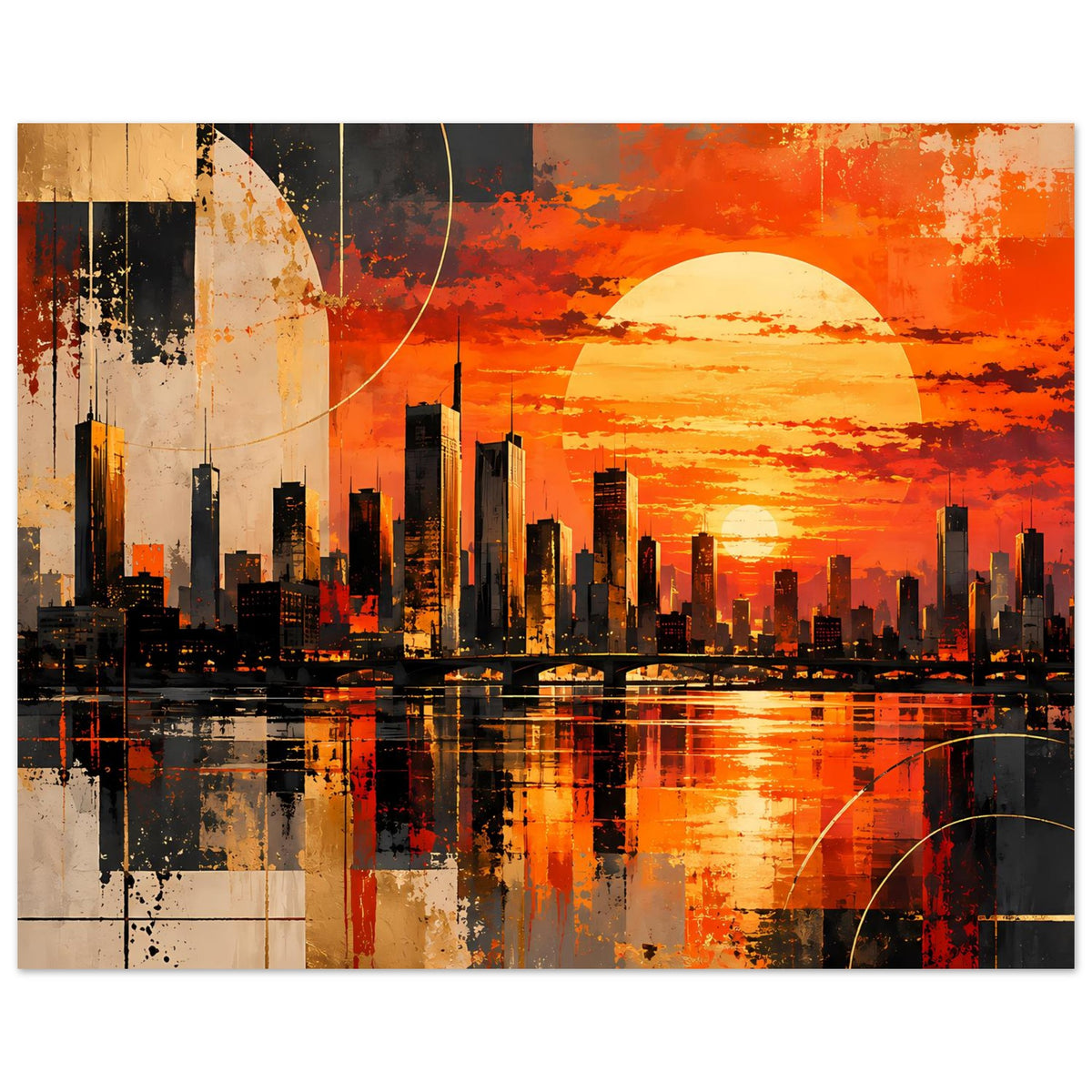Poster mit abstrakter Stadtszene, orangefarbenem Sonnenuntergang, großer Sonne und dunkler Spiegelung