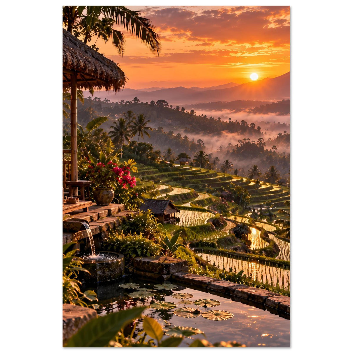 Poster mit Reisterrassen in Terrassenform, tropischer Lodge und goldenem Abendhimmel