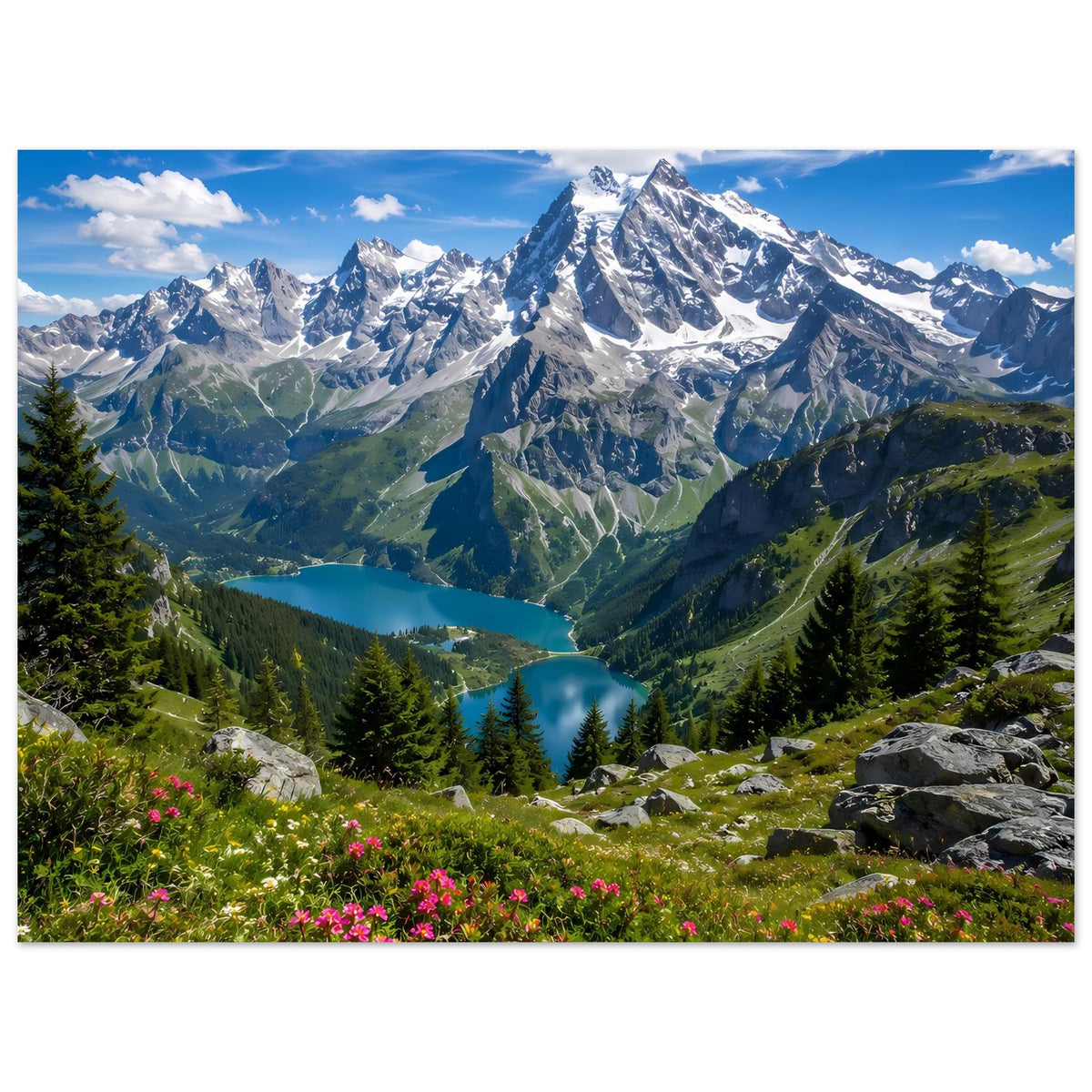 Alpenlandschafts-Poster im Querformat: Bergkette mit See im Tal und Blumen im Vordergrund