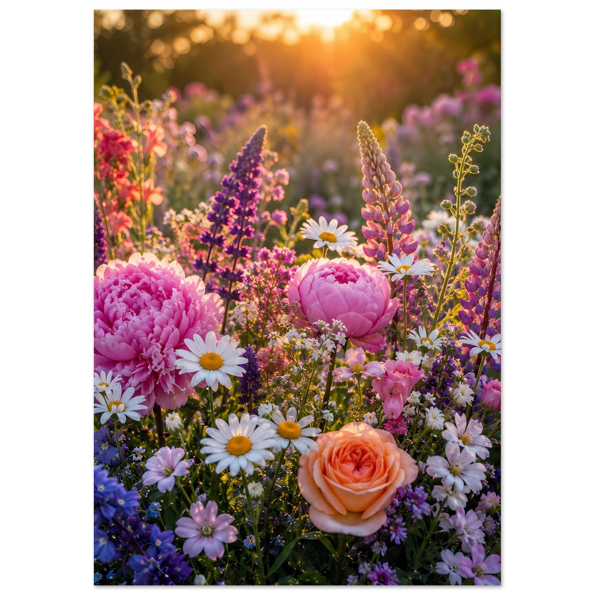 Blumenposter (vertikal) mit bunten Feldblumen, lila Blütenkerzen und Pfingstrosen