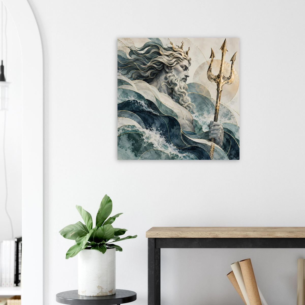 Wandkunst-Poster mit Poseidonfigur und goldenem Dreizack vor türkisblauen Wellen