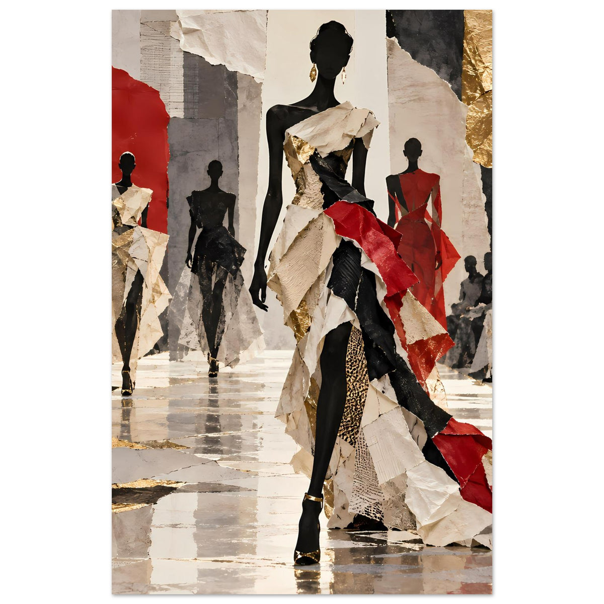Mode-Poster im Hochformat mit Laufsteg-Silhouetten, schwarzer Kleidung, roten Akzenten und Gold