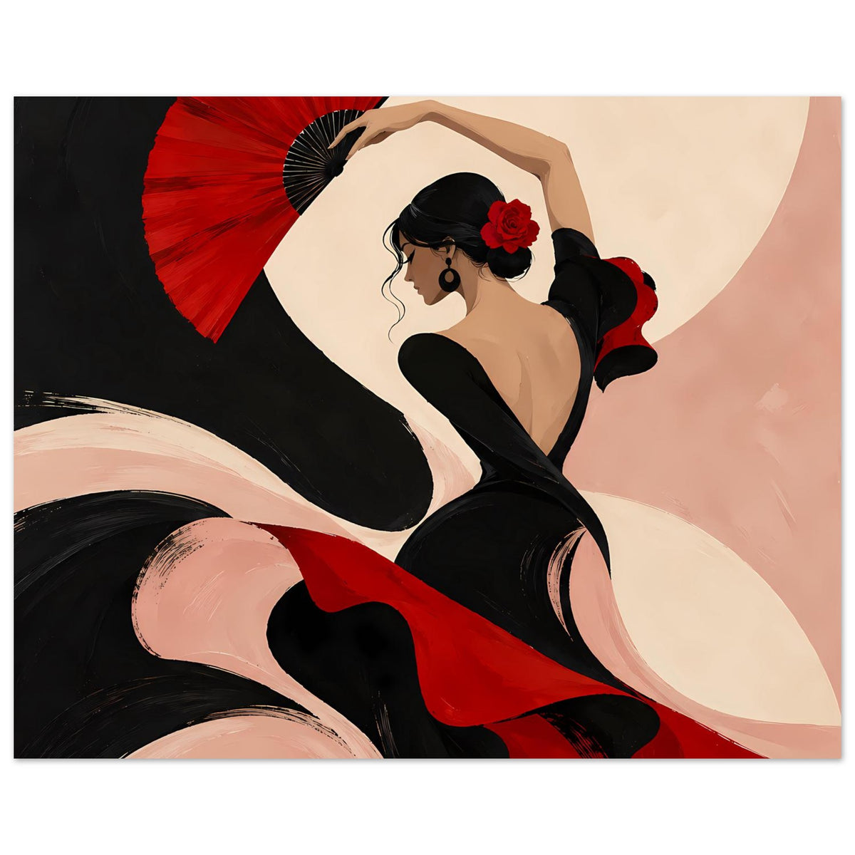 Flamenco-Tänzerin Poster: roter Fächer, schwarzer Rock mit rotem Akzent