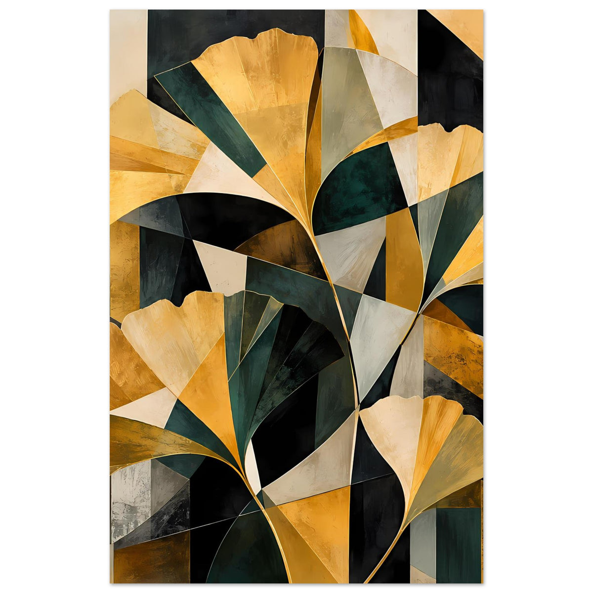 Abstraktes Blumenposter mit goldenen und tiefgrünen Blütenformen, geometrisch, Hochformat