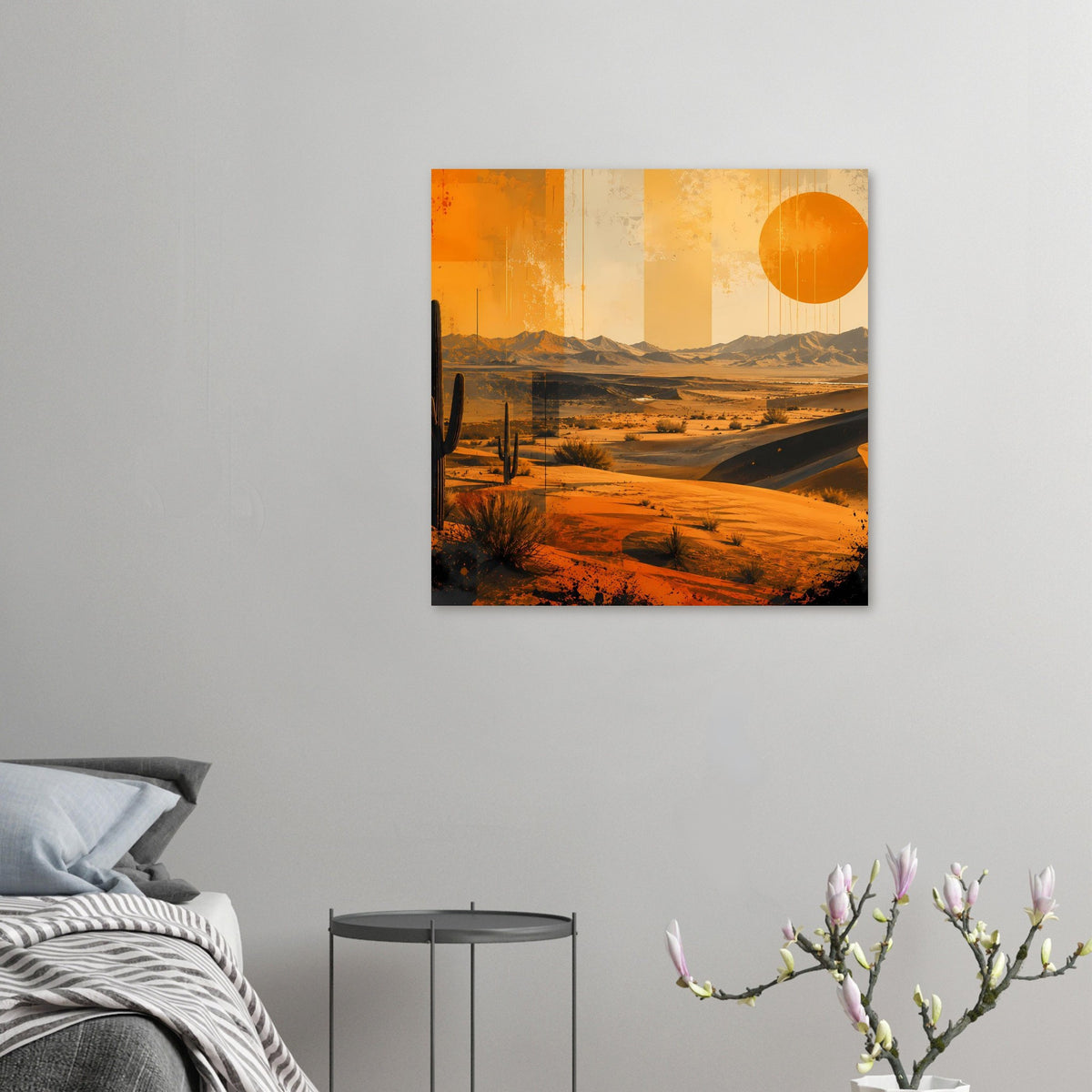 Quadratisches Retro-Wüstenposter: orange Sonne über Sanddünen und Kakteen