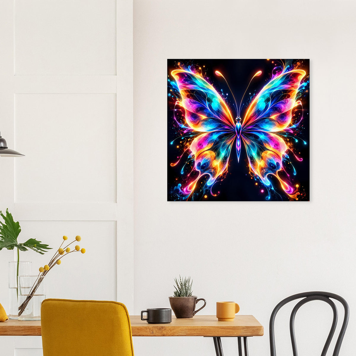 Quadratisches Schmetterlingsposter mit farbigen Lichtwirbeln und intensivem Neonflügel-Design.