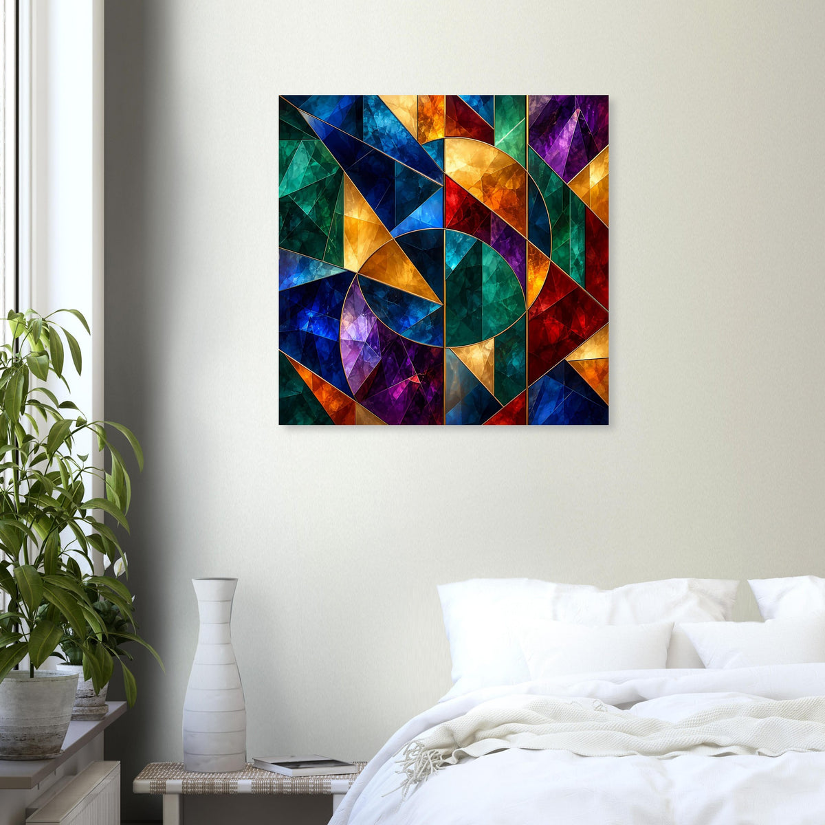 Quadratisches Poster mit abstraktem Glasmalerei-Geometriemuster in kräftigen Farbverläufen