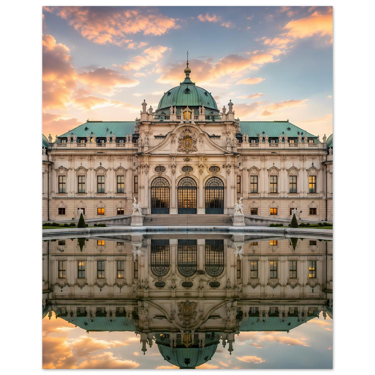 Schloss-Poster: Nahansicht der Fassade mit grüner Kuppel und Spiegelbild im Wasser