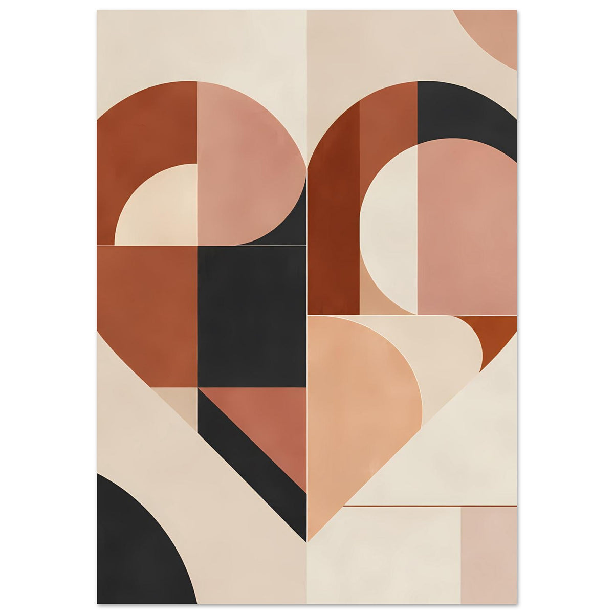 Bauhaus-Poster: geometrisches Herz in Terrakotta und Rosa, schwarze und beigefarbene Flächen