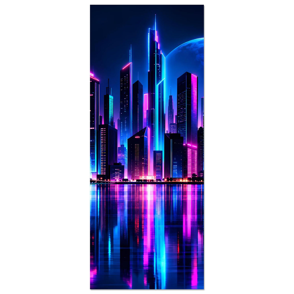 Neon-Stadtmotiv-Poster, vertikal: Neon-Skyline mit blauer Mondscheibe und spiegelnder Wasserfläche