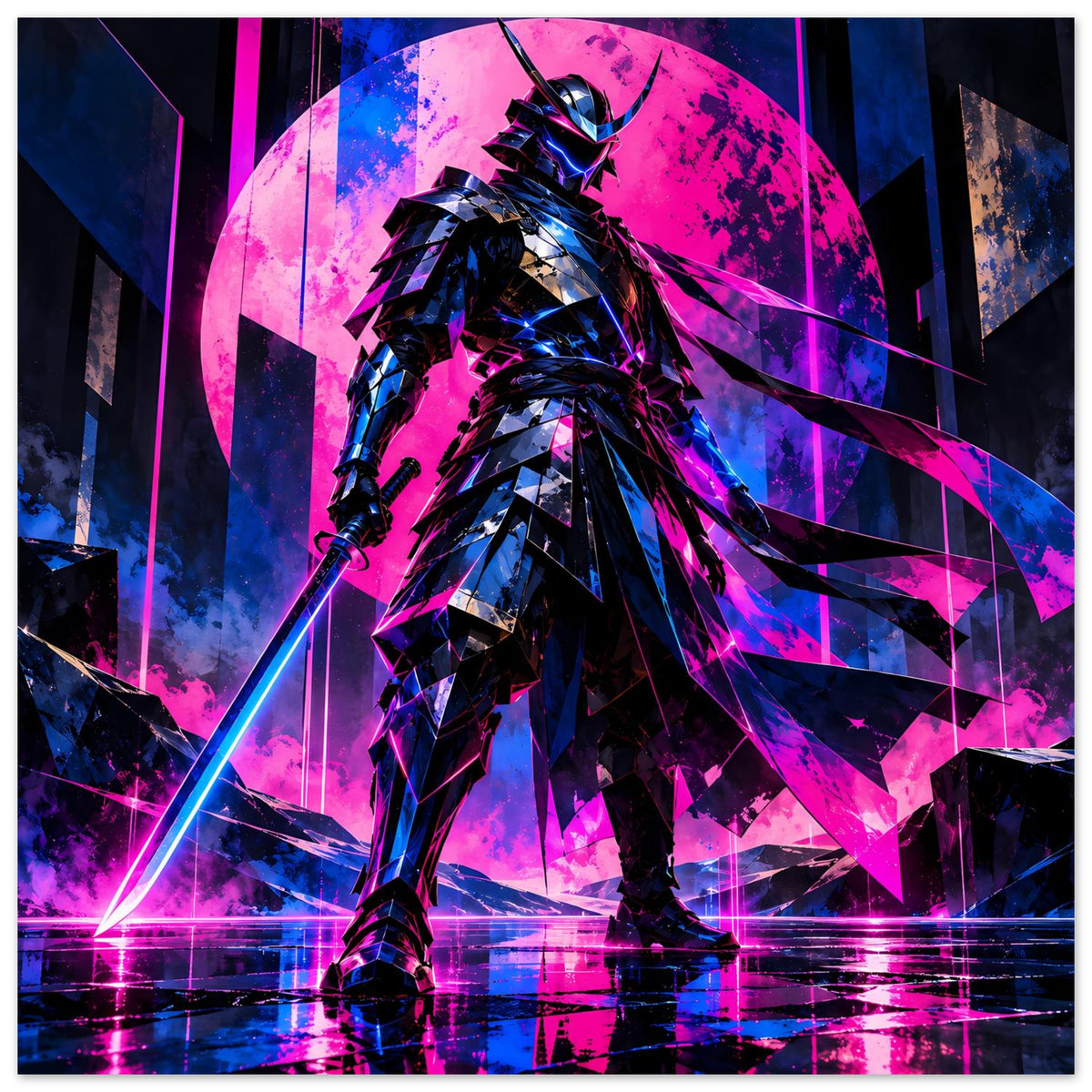 Neon-Cyberpunk-Poster im Querformat: Krieger mit Pink-Blau-Neon und futuristischer Kulisse
