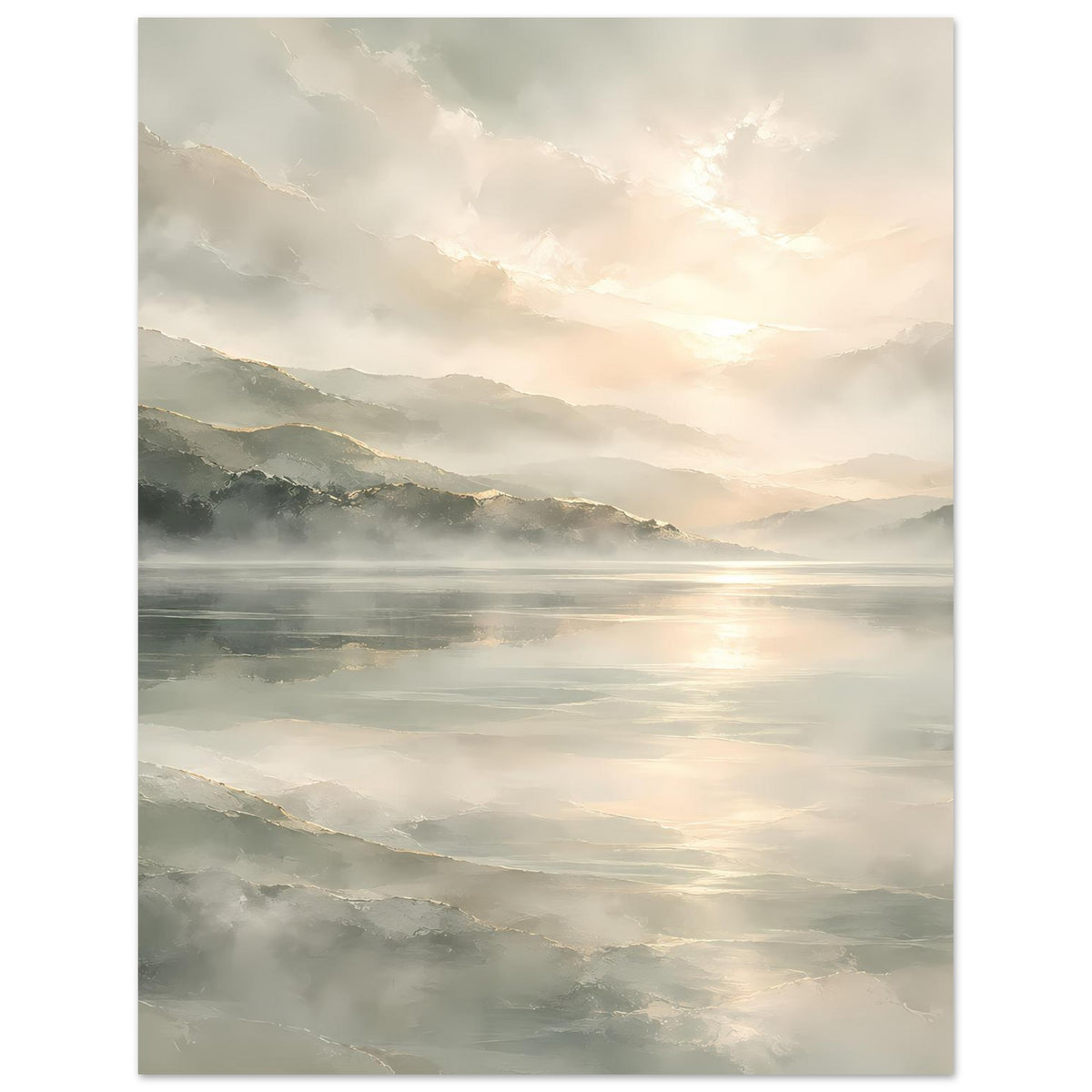Poster: ruhige Bergseelandschaft mit Wolken und goldenem Licht, mattes Finish