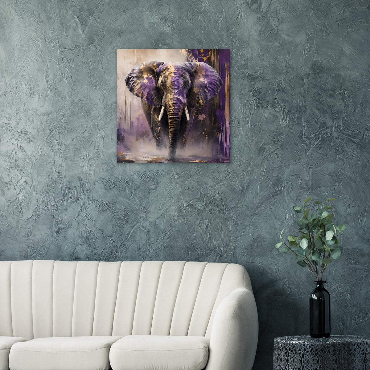 Wandposter mit violettem Elefanten und goldenen Akzenten, quadratisches Motiv