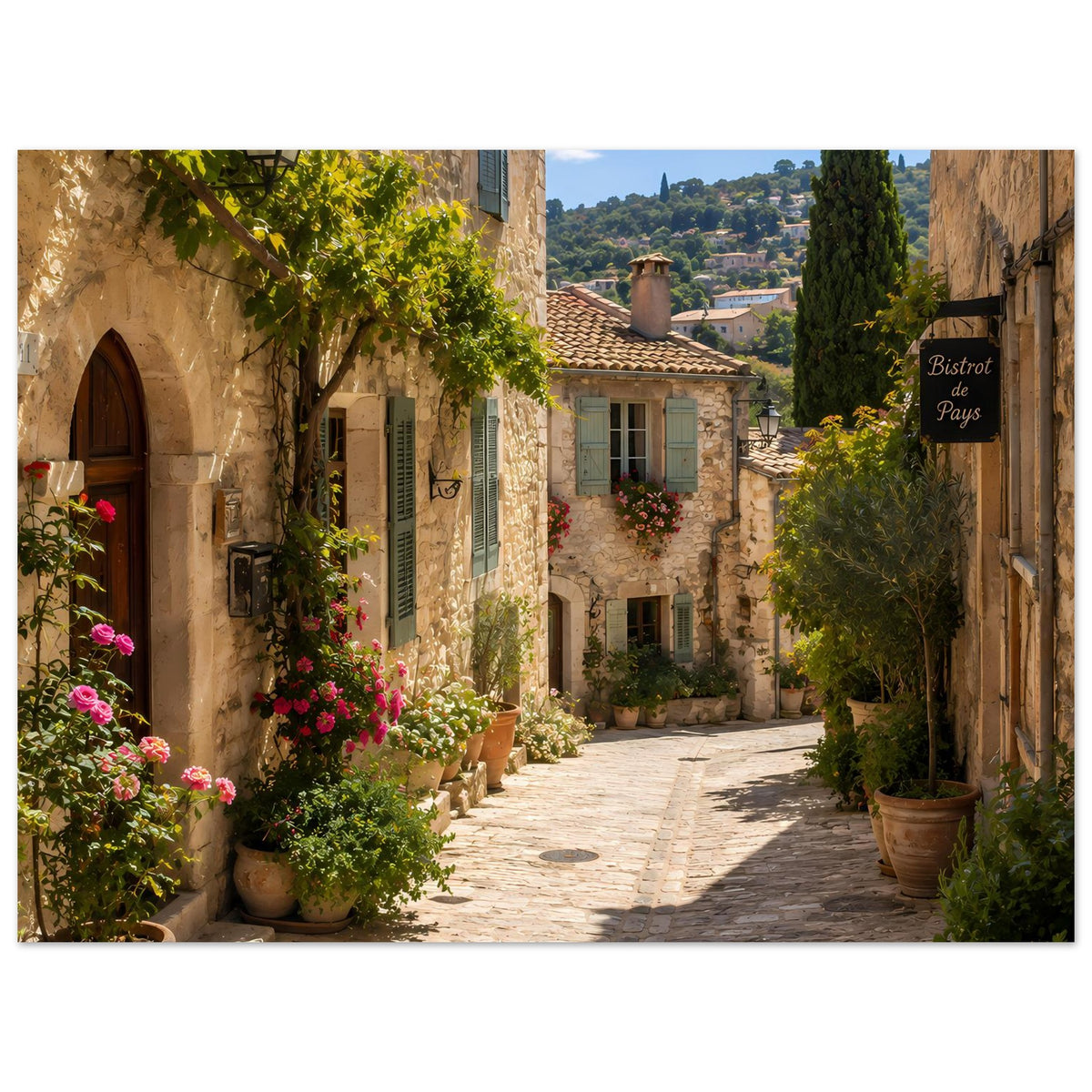 Poster mit Provence-Gasse, Natursteinhäusern, Efeu und bepflanzten Töpfen rechts