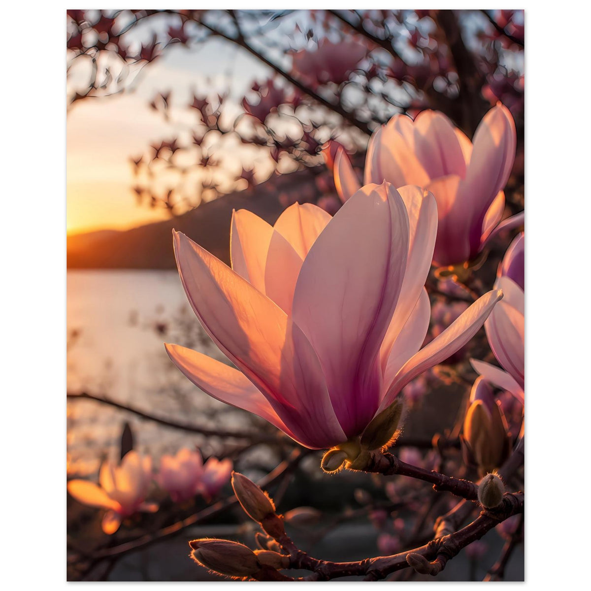 Blumenposter: Magnolienblütenbüschel in Rosa und Lila an dunklem Ast