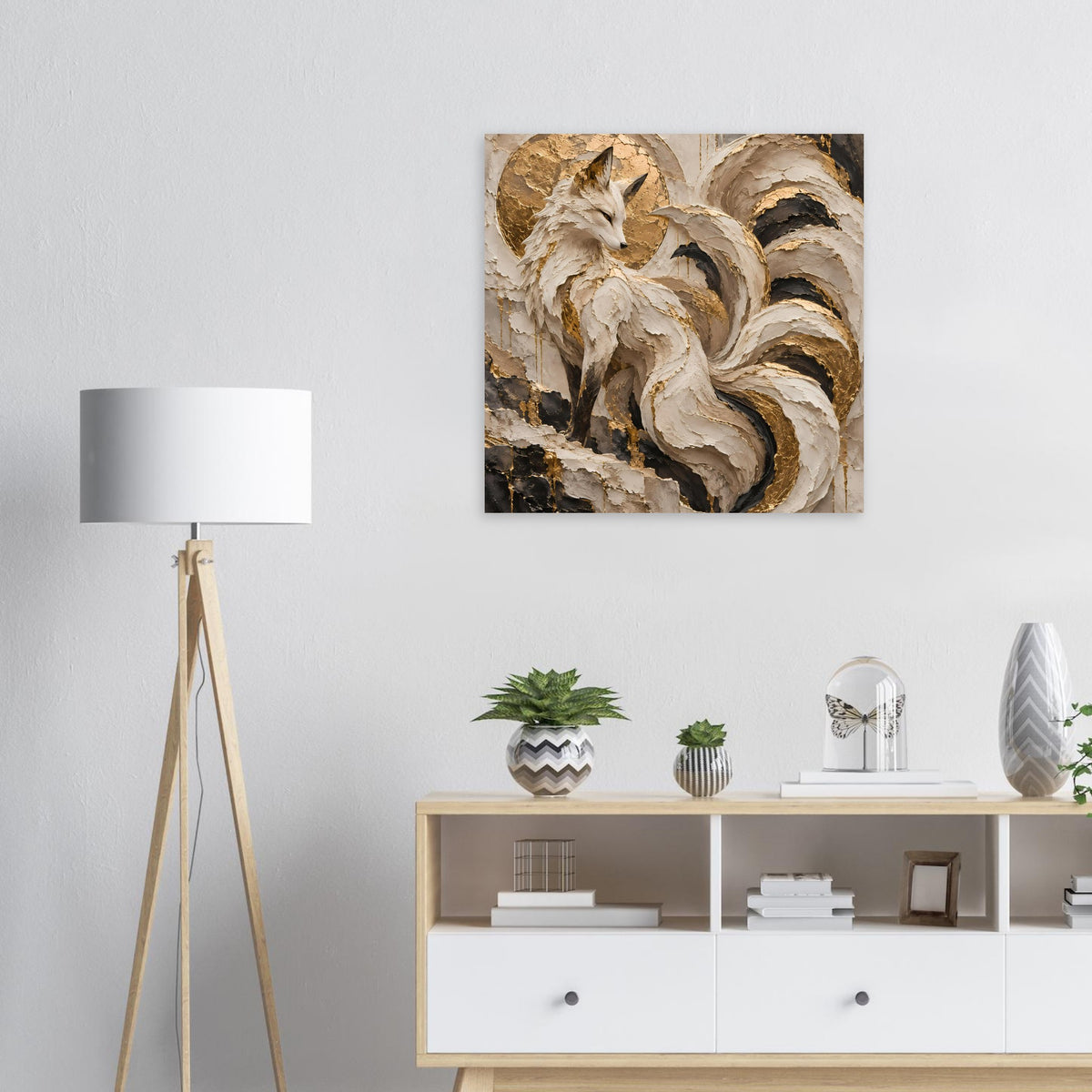 Quadratisches Kunstposter mit Fuchs-Motiv in goldenen und beigen Farbtönen