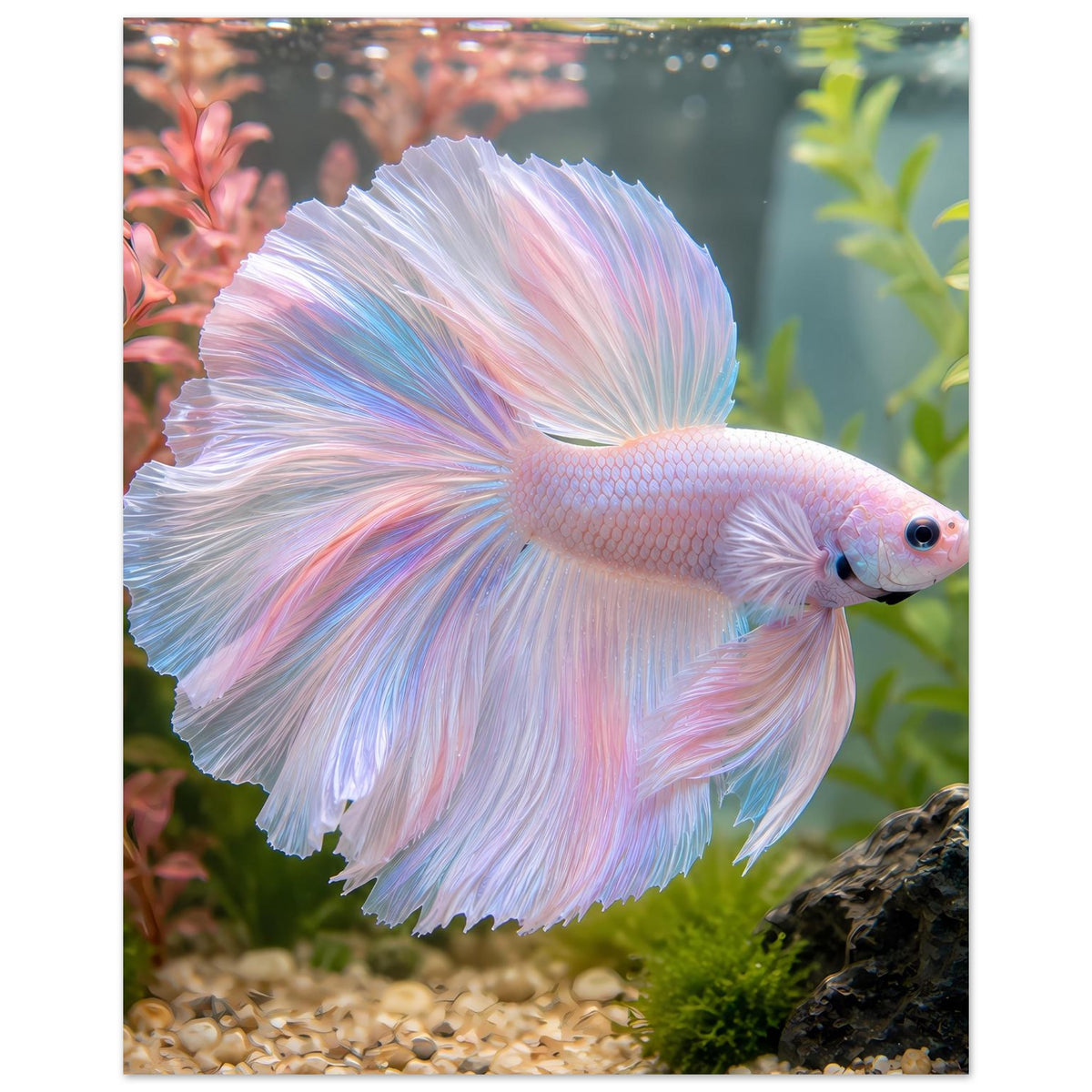 Betta-Fischposter mit pastellfarbenem Betta im Profil, auf mattem Premiumpapier.