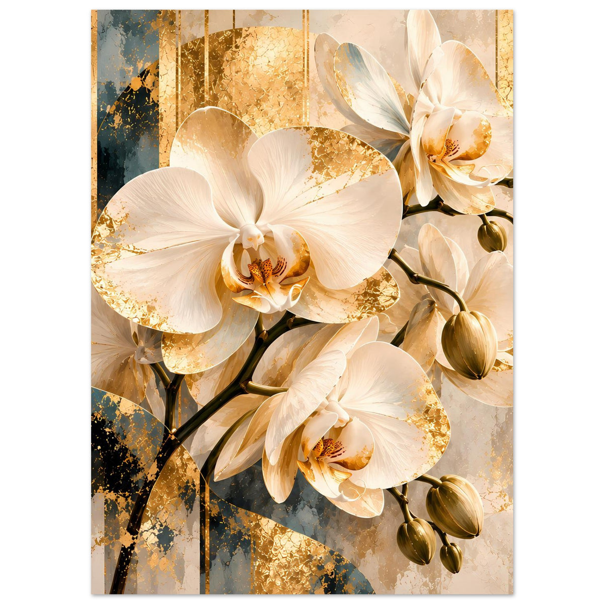 Orchideen-Wandposter: weiße Orchideenblüten mit goldenen Partikeln, integrierte Blatt- und Stielstruktur