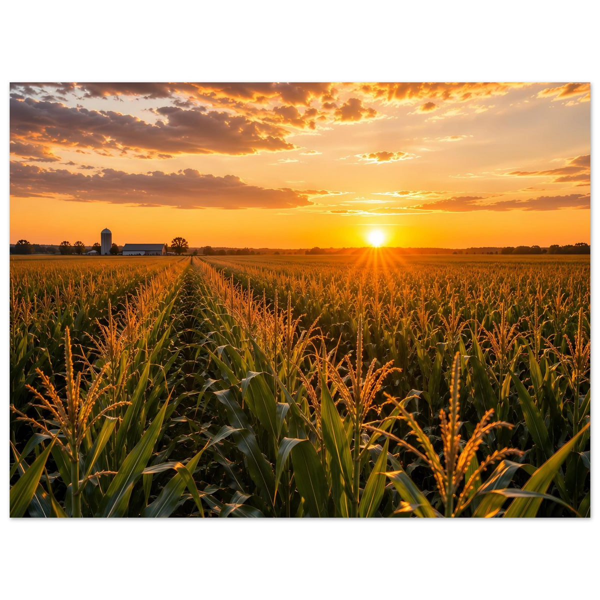 Poster im Querformat: Maisfeld bei Sonnenaufgang mit goldenem Wolkenhimmel