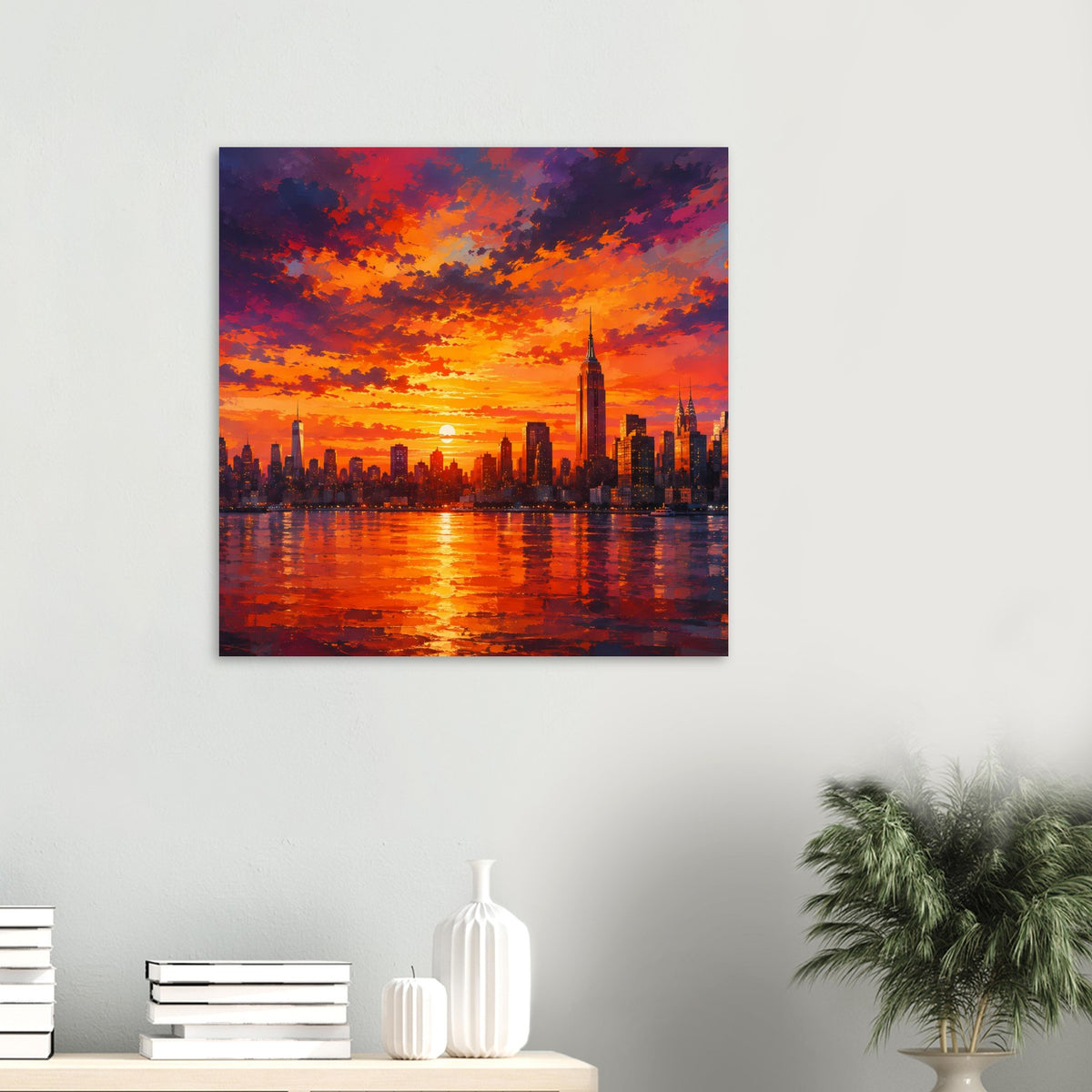 Quadratisches Stadtposter: Sonnenuntergang über Fluss mit Skyline-Spiegelung, dunkler Rahmen