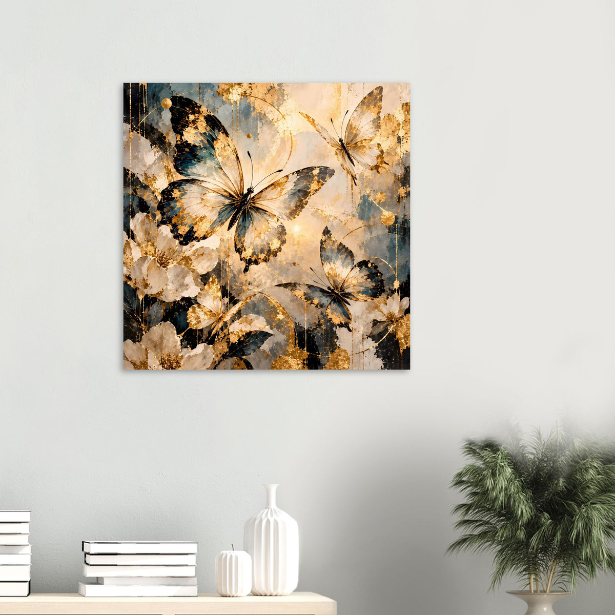 Kleines Schmetterlingskunst-Poster mit goldenen und blauen Faltern, quadratisch