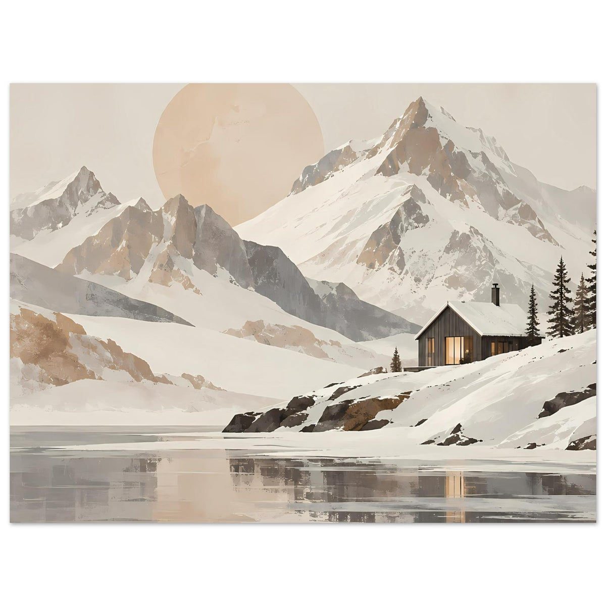 Querformat-Poster: Berge mit Schnee, reflektierter See, Holzhütte und Tannen