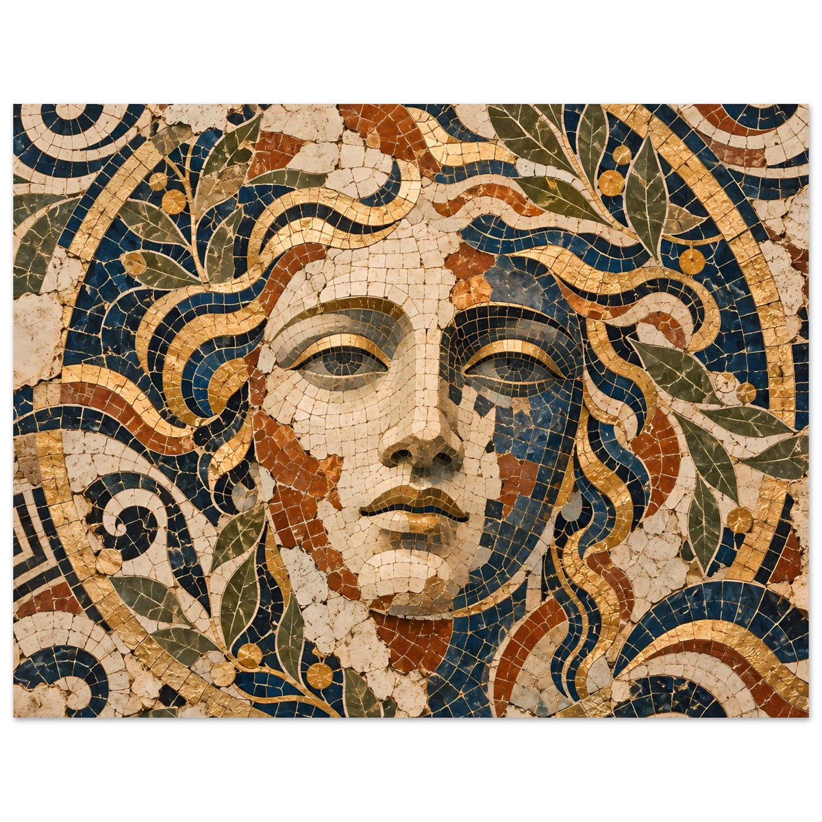 Mosaik-Göttin Poster mit Frauengesicht, symmetrische Ornamente, blau-goldene Kacheln und Blätter