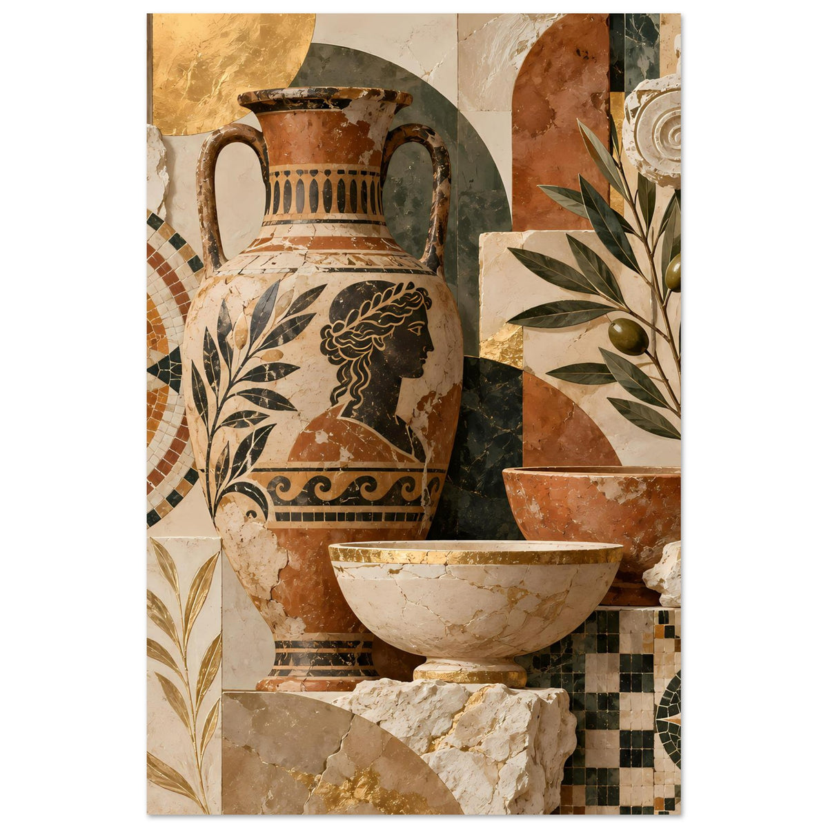 Mediterranes Mosaikposter mit Vase, Schale und Blattdekor auf beigem Papier