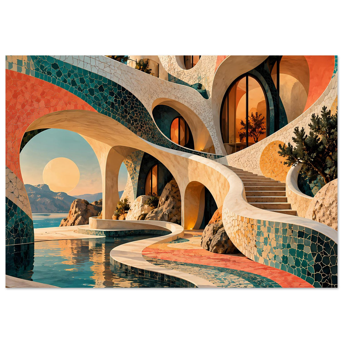 Kunstposter: bunte Mosaikbögen in Türkis und Koralle, Wasserkanal und Stufen