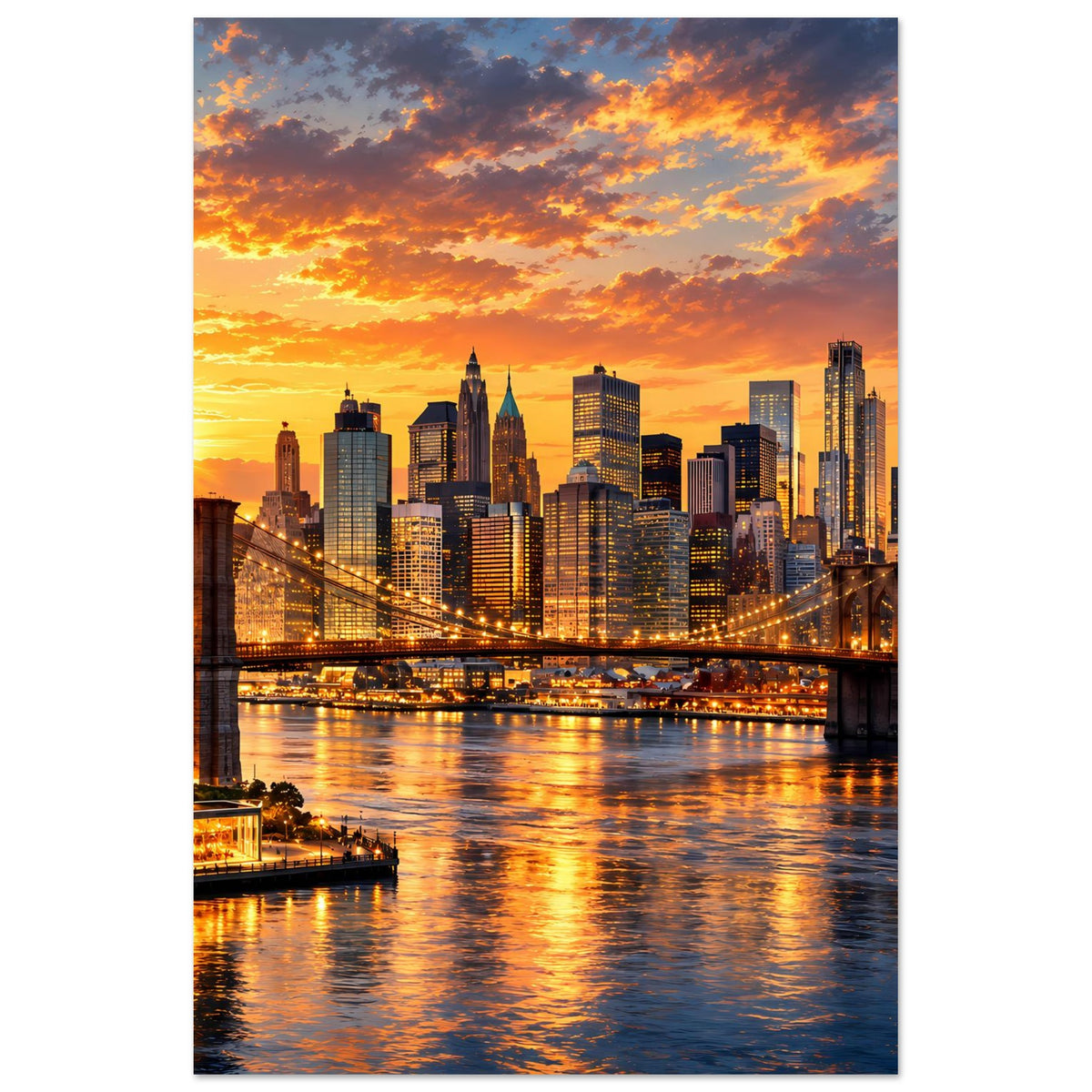 Poster im Hochformat mit New York Skyline, Brücke im Licht und goldenem Sonnenuntergang