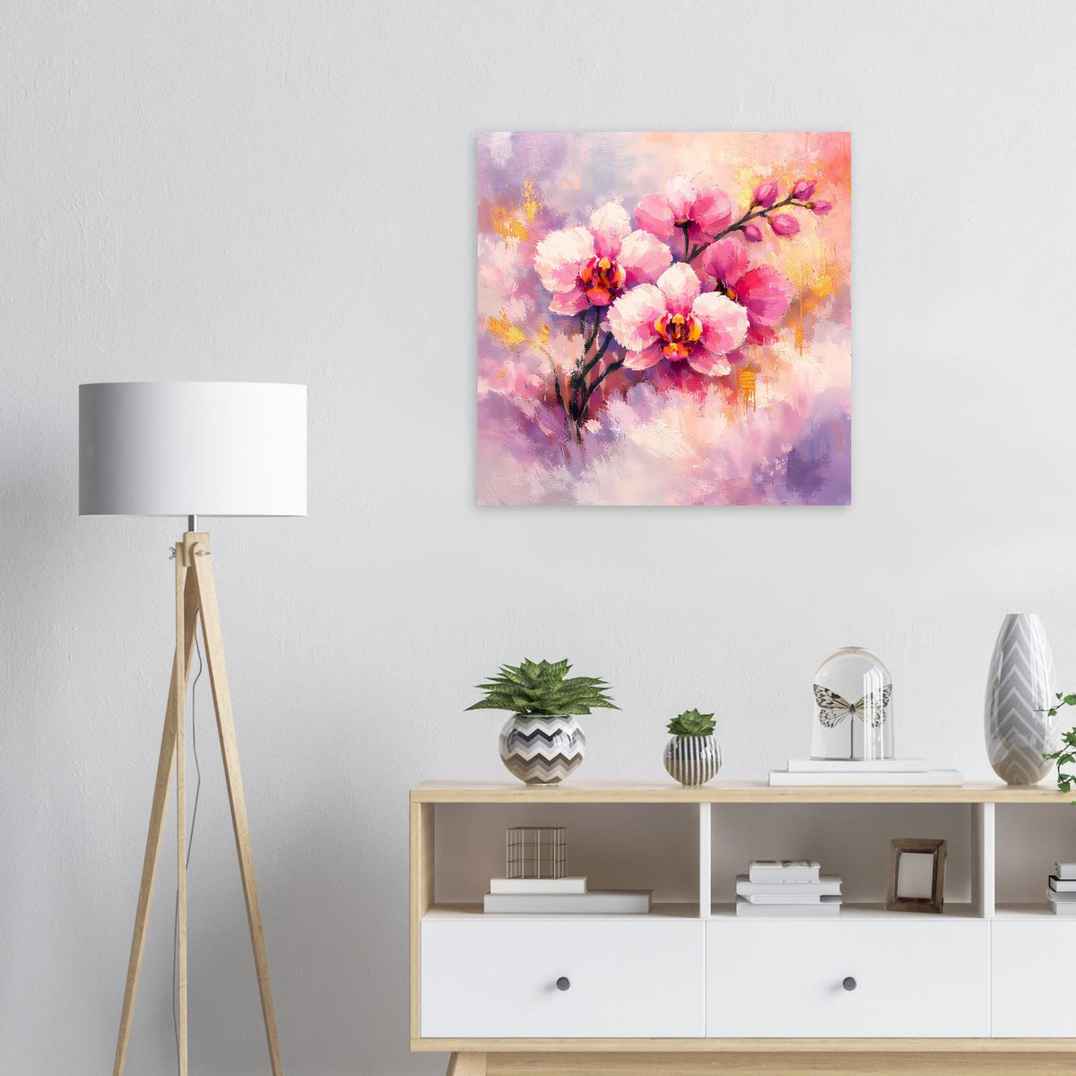 Orchideenblüten-Poster (Querformat): rosa Blüten an schwarzem Zweig, goldene Akzente
