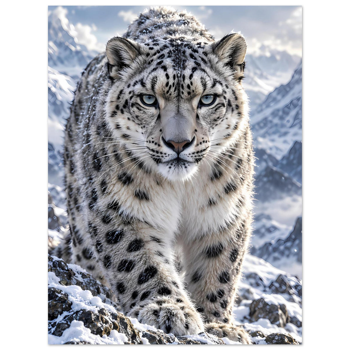 Poster mit Schneeleopard im Schnee, ruhiger Blick, Fellmuster klar erkennbar