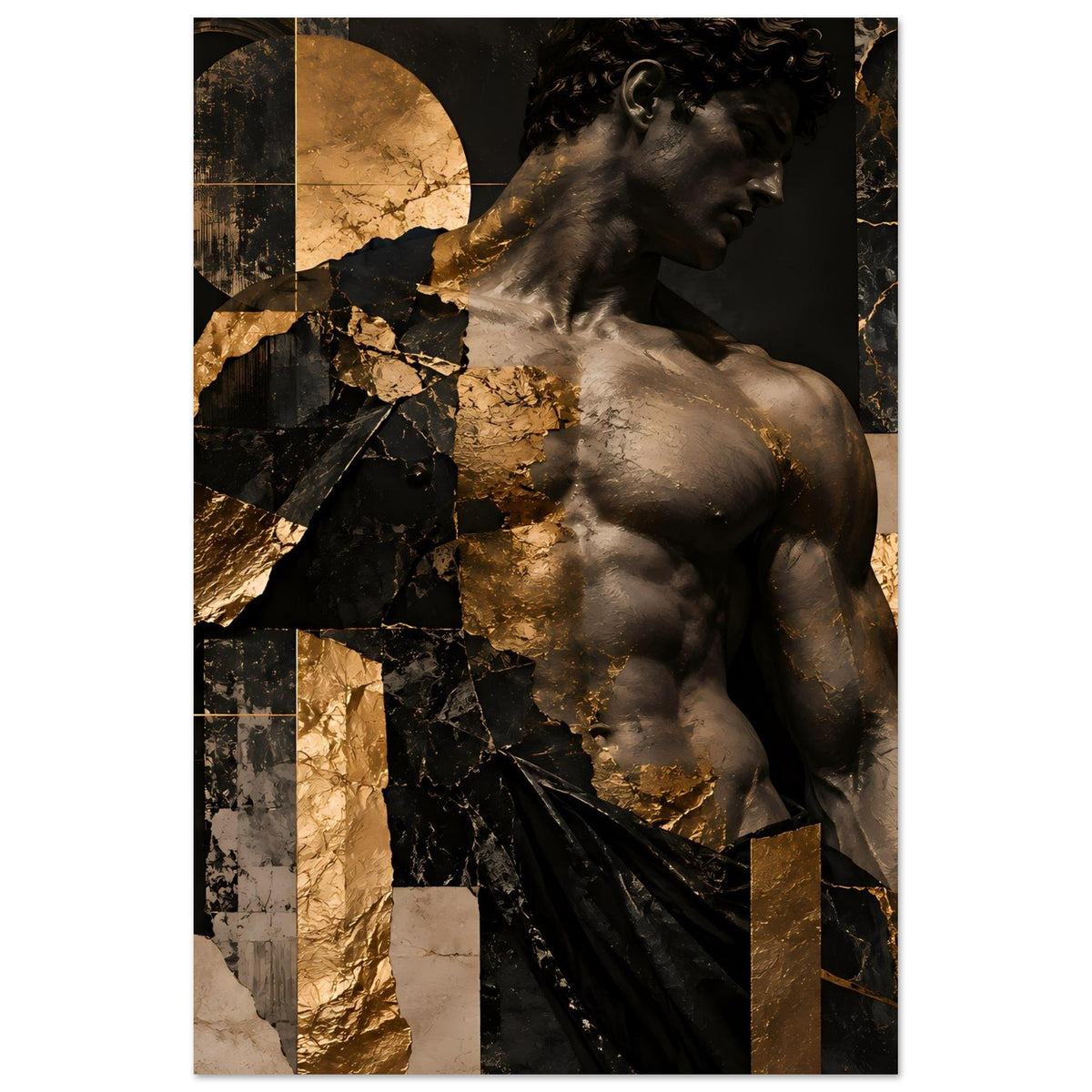 Kunstposter mit antiker Skulptur im Profil, Schwarz und Gold, dramatische Drapierung