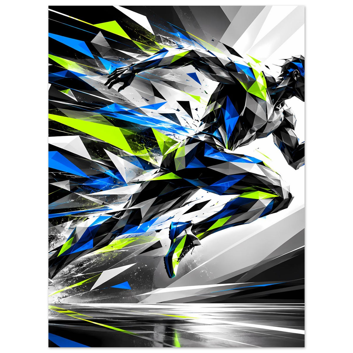 Laufkunst-Poster (vertikal) mit Geschwindigkeitslinien und Läuferfigur in Blau/Schwarz