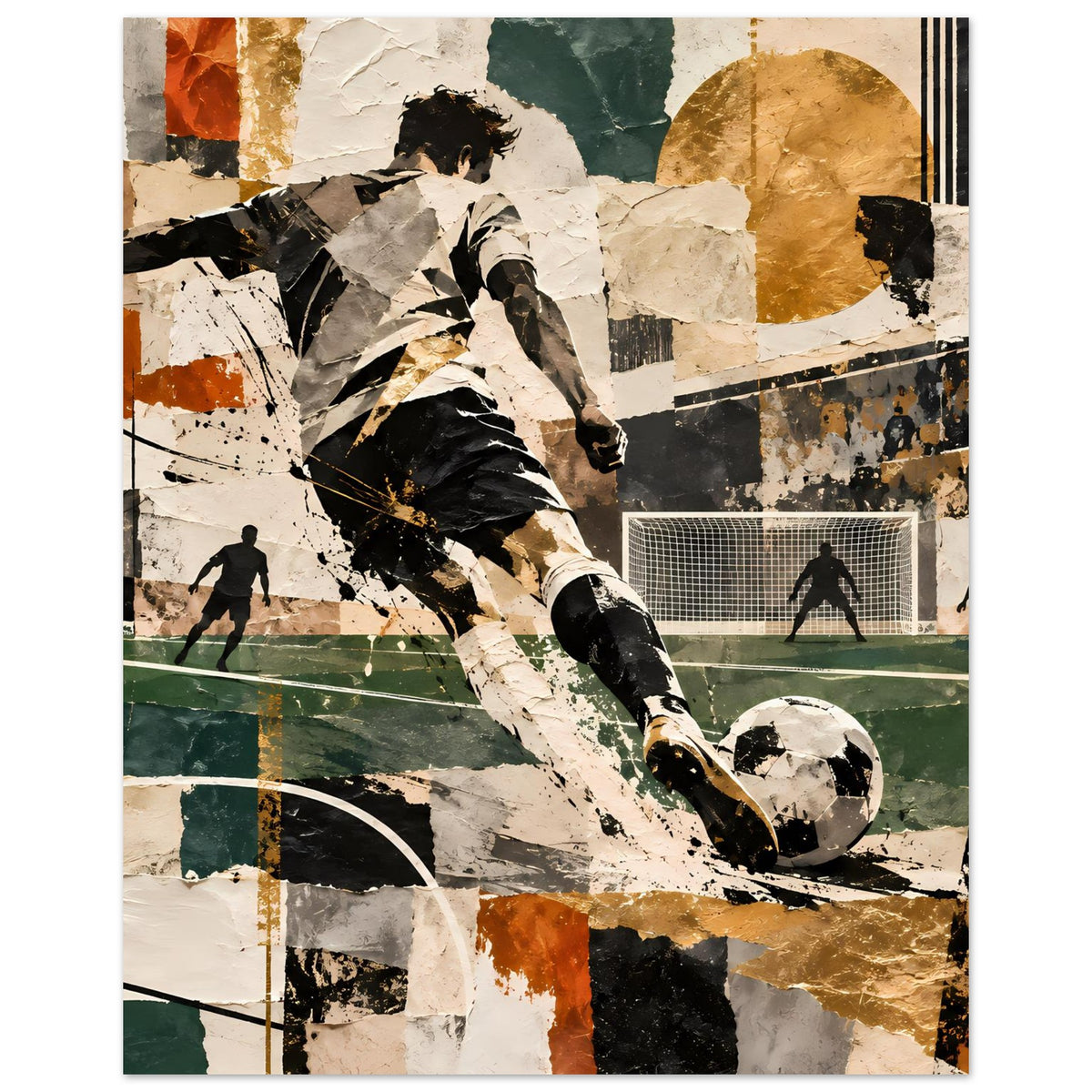 Fußball-Actionposter quer, Collage mit grünem Rasen, gold-schwarzen Akzenten und Ball