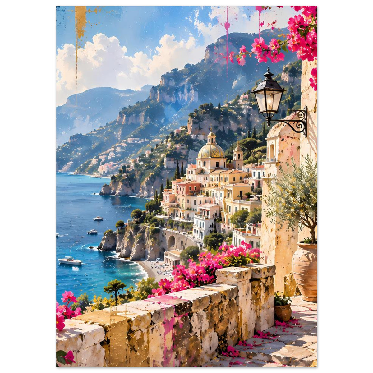Poster im Hochformat mit Hangstadt am Meer, Laterne, rosa Bougainvillea und Tongefäßen