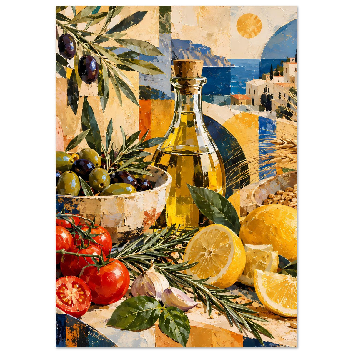 Wandposter mediterranes Stillleben mit Ölflasche, Schale mit Oliven, Tomaten und Zitronen