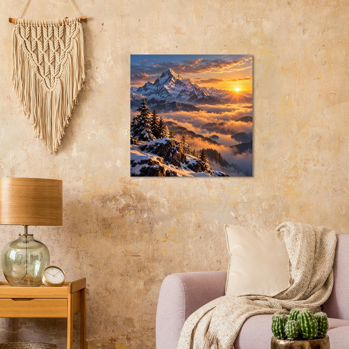 Quadratisches Poster mit verschneitem Gebirge, Tannen und Sonnenaufgang über Wolken