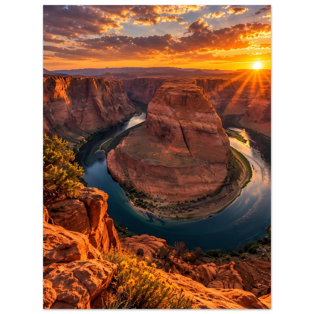 Poster mit Canyon-Schlucht und Flusskurve, Felsmonolith im Sonnenuntergang, warmes Orange