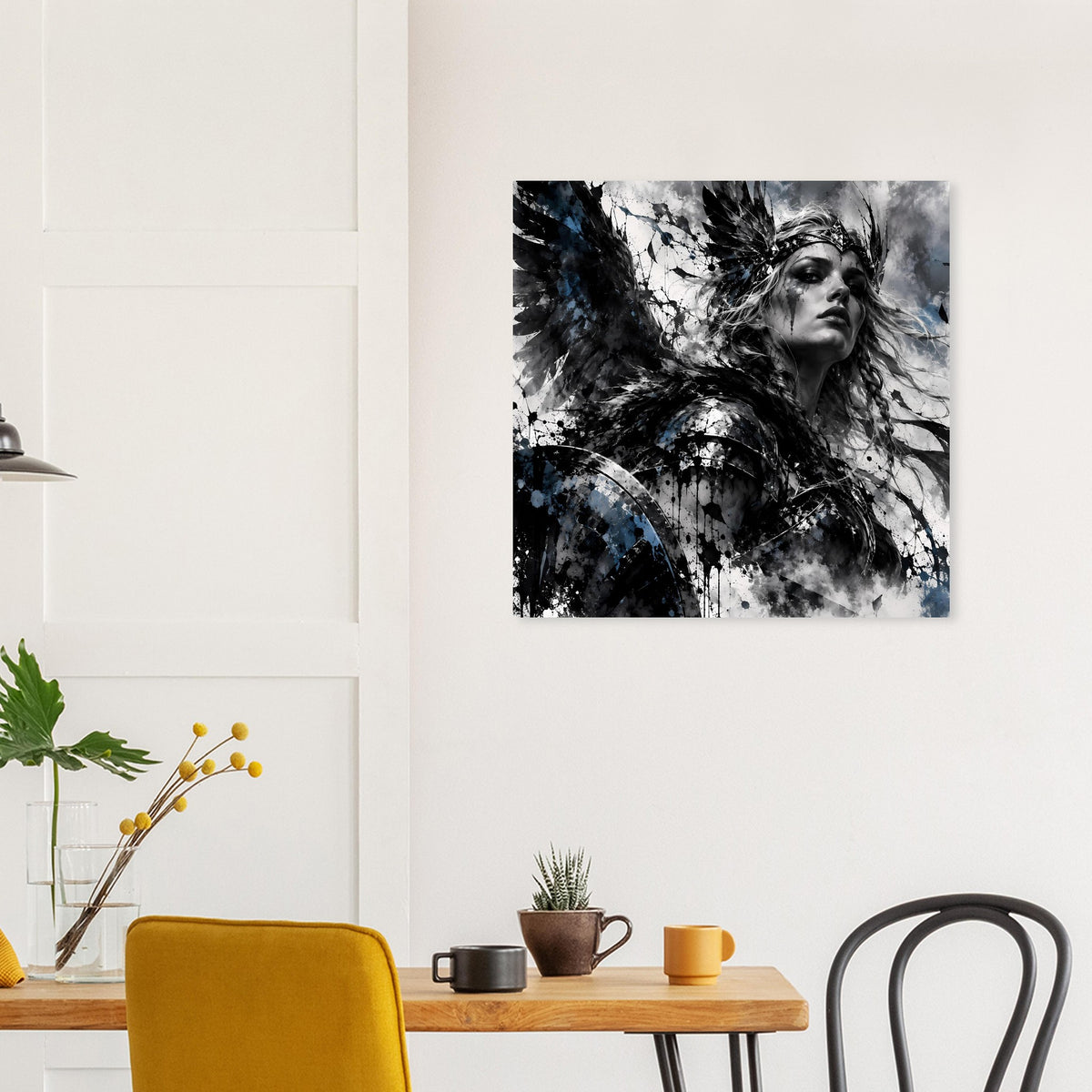 Poster mit Wikingerkriegerin in Schwarzweiß und blauen Farbakzenten, quadratisch