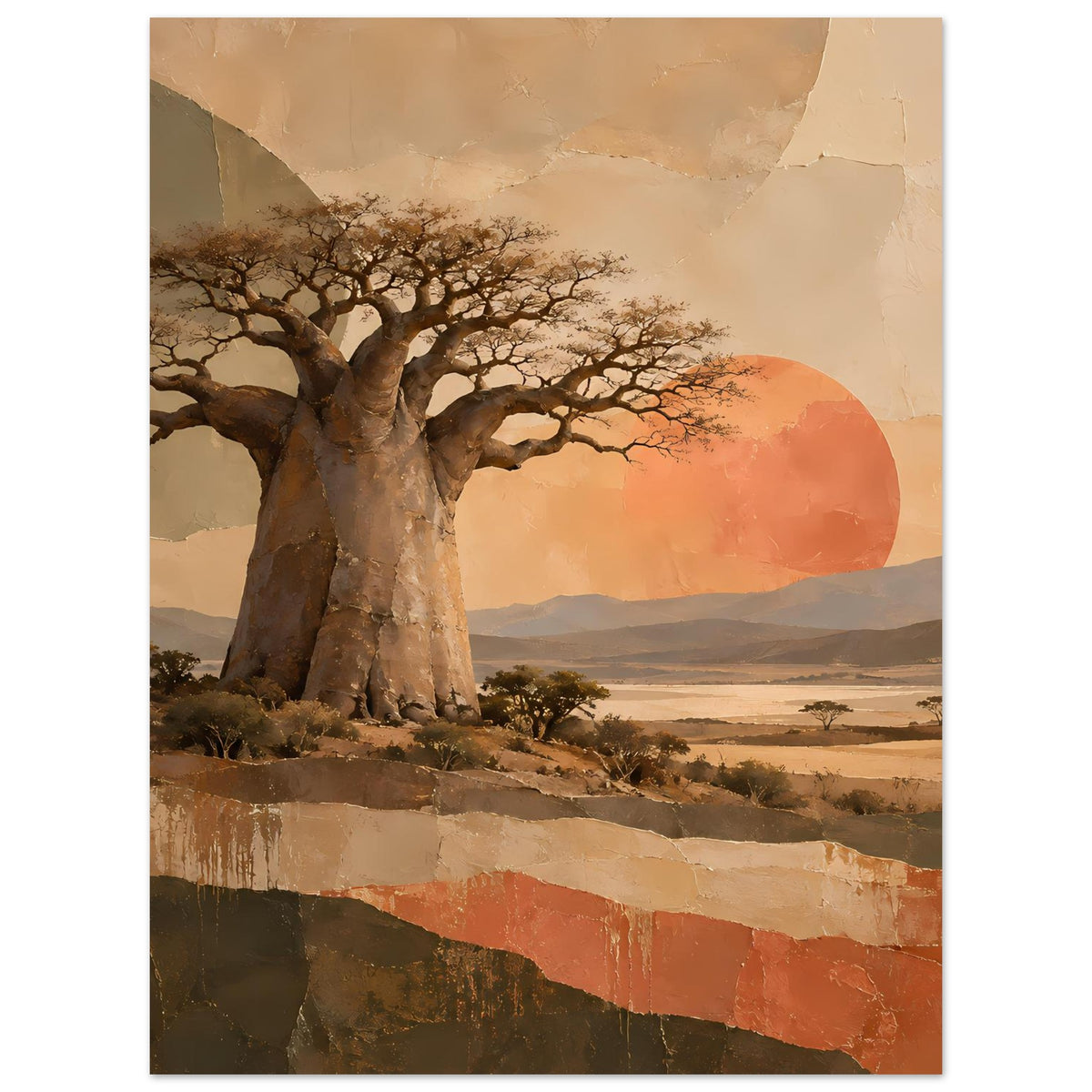 Naturposter: Baobabbaum am Boden mit roter Sonne im Hintergrund, Landschaftsmotiv