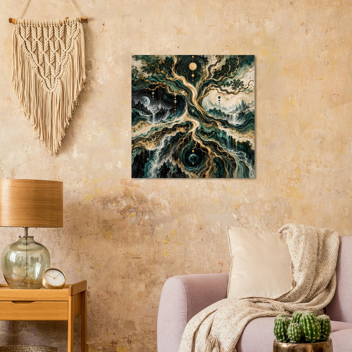 Gerahmtes Poster mit mystischem Baum und Wurzeln, blaugrün-schwarze Tiefen, goldfarbene Details